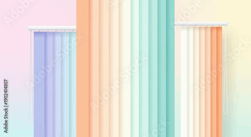 Soft vertical blinds in pastel shades of purple, peach, cream, and teal create a gentle backdrop