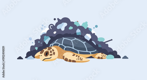 Sad turtle in ocean plastic waste