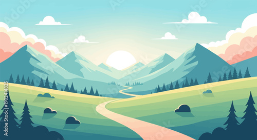 Serene mountain valley with a winding path leading to a radiant sun