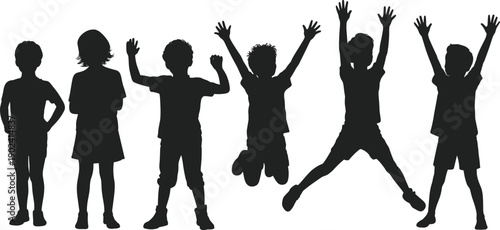 Silhouette of playful children in dynamic poses, jumping, celebrating, raising arms, star-jump activity, joyful childhood moments, group kids illustration, energetic youth concept background