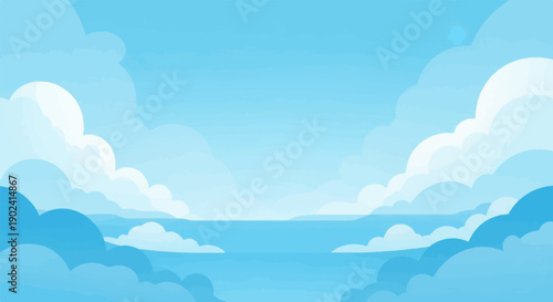 Soft, stylized clouds drift across a serene ocean horizon under a clear blue sky