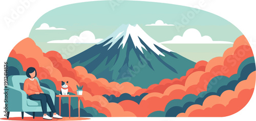 Serene mountain view from a cozy armchair with a feline companion