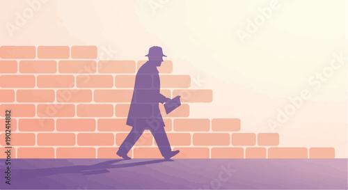 Silhouette of a person in a hat and trench coat walking past a brick wall