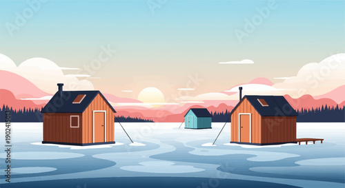 Rustic wooden cabins sit on frozen water during a vibrant, pastel sunset
