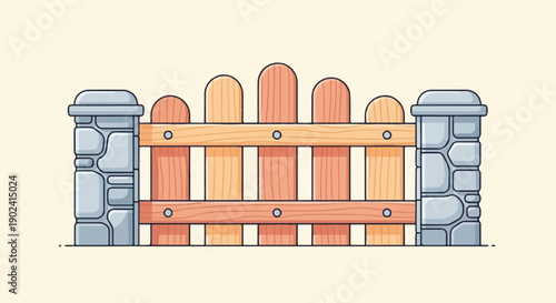 Rustic wooden gate with stone pillars, simple illustration