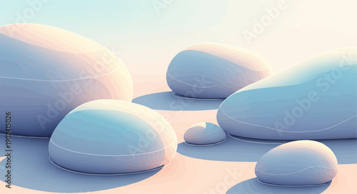 Smooth, rounded stones in soft pastel colors resting on a sandy surface