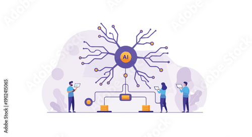 Artificial intelligence concept illustration with people interacting with a central AI network, symbolizing data processing, machine learning, and technological innovation.