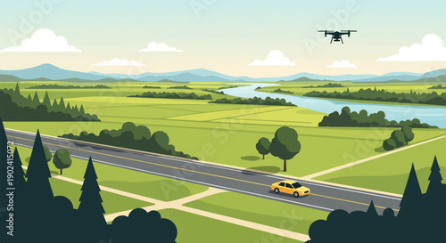 Scenic countryside with a drone overhead, a car on a road, and a river