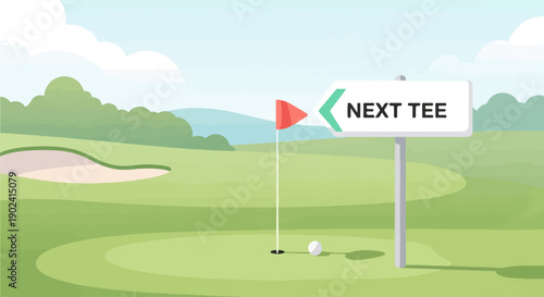 Scenic golf course with a sign pointing to the next tee