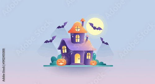 Spooky haunted house with bats and pumpkins under a full moon