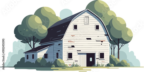 Rustic white barn with dark roof nestled among lush green trees under a pale sky