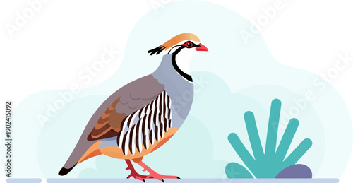 Stylized bird with crest and patterned plumage on a light blue background