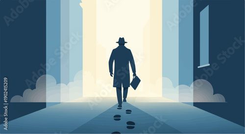 Silhouette of a person in a hat and trench coat walking towards a bright light