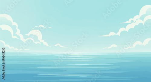 Serene ocean meeting a light blue sky with fluffy white clouds