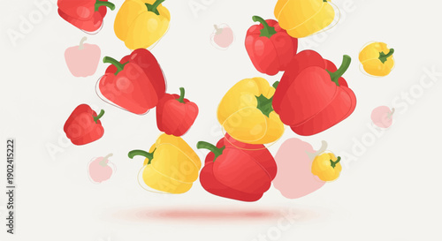 Red and yellow bell peppers floating downwards against a light background