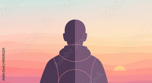 Silhouette of a person in a hoodie facing a serene sunset landscape