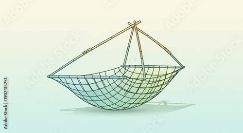 Rustic fishing net with bamboo frame, casting shadow on pale background