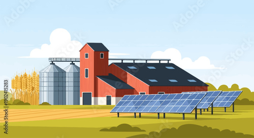 Rustic farm with silos, red barn, and solar panels against a blue sky