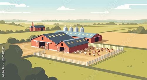Rustic farm with red barns, silos, and free-roaming chickens in a pastoral setting
