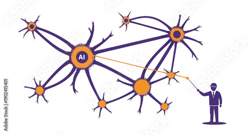 Dynamic AI network with human interaction, depicting advanced machine learning, data management, and strategic technological guidance for future development.