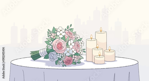 Soft pink floral bouquet rests beside lit candles on a draped table