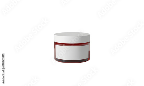 A small white jar with a red stripe and blank label on a transparent  background