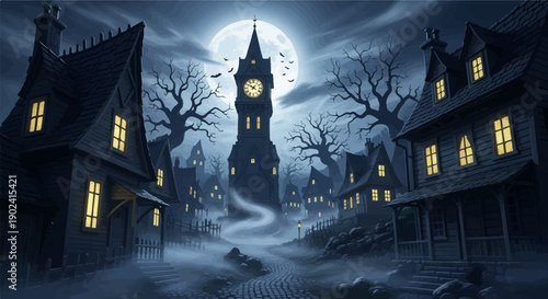 Spooky haunted village under a full moon with glowing windows and silhouetted trees