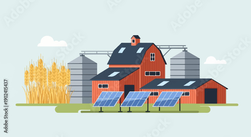 Red barn with silos, wheat, and solar panels under sky