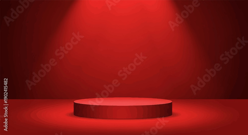 Red circular podium spotlighted on a red background