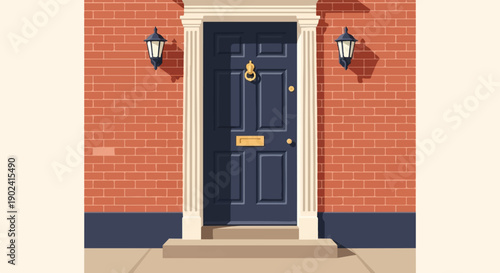 Red brick facade with a dark blue paneled door and gold hardware