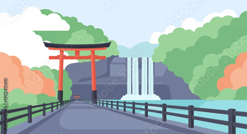 Scenic path leads to torii gate and cascading waterfall amid lush foliage