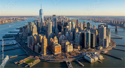 Sprawling metropolis cityscape at golden hour, tall buildings border a large river