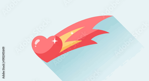 Red heart with fiery tail streaks across a soft blue sky