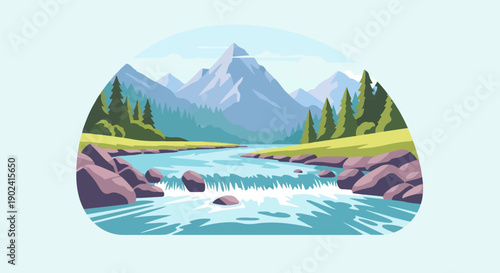 Scenic pixelated mountain river with pine trees and rocky shore