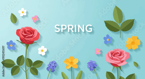Spring is here with colorful roses, small flowers and green leaves on blue