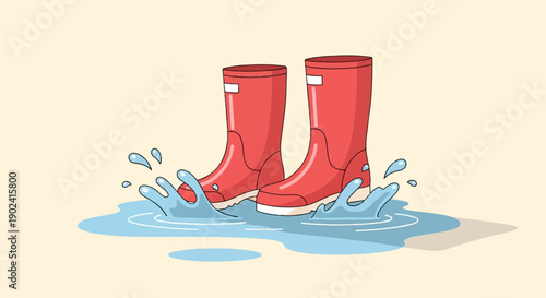 Red rain boots splashing in puddles on a light background