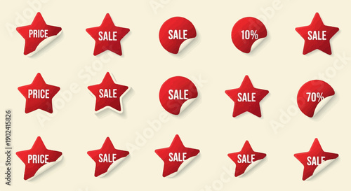 Red star and circular sale price tags with peeling edges