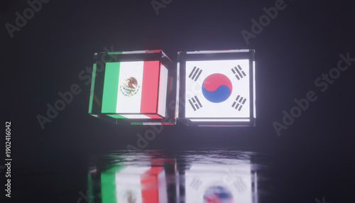 Glowing cube displays of Mexico and South Korea flags on dark reflective surface, symbolizing an international football matchup.
