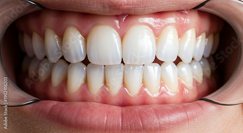 Close-up of a perfectly aligned and healthy set of teeth and gums, showcasing excellent oral hygiene and a bright, natural smile, ideal for dental care concepts