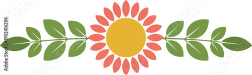 Sunflower floral border vector clipart with green leaves, flat style decorative divider design