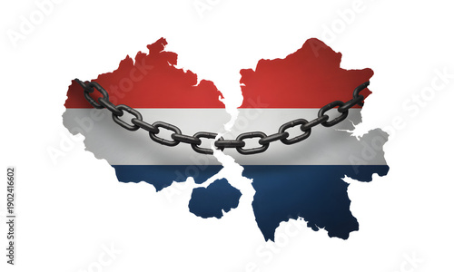 A map of the Netherlands with a chain separating it, symbolizing division or restriction on a transparent background