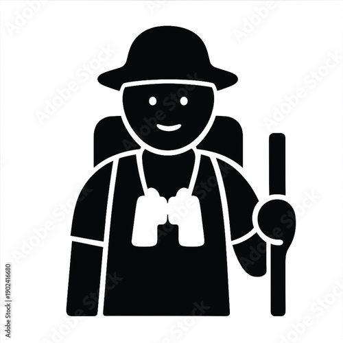 A stylized icon of an adventurous person prepared for hiking and outdoor exploration, featuring a hat, backpack, binoculars, and a walking stick, representing travel and discovery.