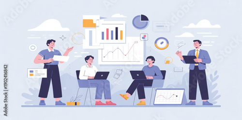 . Flat modern illustration with minimal details, icons, graphs, and abstract backgrounds. Ideal for corporate websites, social media banners, presentations, and digital marketing campaigns