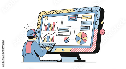 Professional analyzing business data and statistics on a computer monitor with various charts and graphs, representing digital marketing and financial insights in a modern flat illustration style.