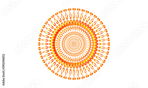 Glowing Abstract Mandala Circle with Golden Orange Radial Geometric Pattern, Symmetrical Sacred Geometry Design on transparent Background