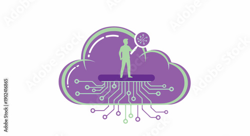 Cloud Computing and Technology Concept: Human Figure on Circuit Board Inside a Cloud, Representing Data Storage and Digital Transformation