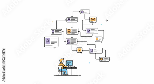Person at computer managing complex digital workflow, data processing, and network architecture. Visualizing information flow, system management.