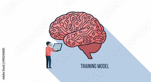 Person training an AI model, a stylized brain with circuit board patterns, symbolizing machine learning, data processing, and technological advancement.