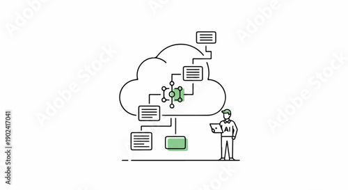 Cloud computing infrastructure with AI and data networks. IT professional managing software development, digital transformation, and data analysis processes.