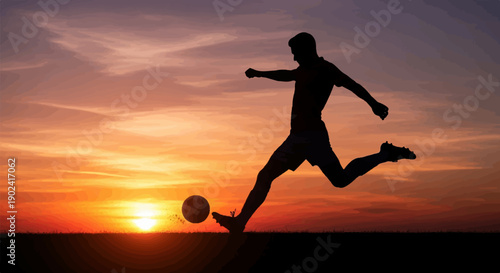 Silhouette of a person kicking a soccer ball against a vibrant sunset sky